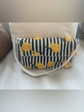 Viral Beaded Lemon Stripe Shoulder Bag - White/Black/Yellow